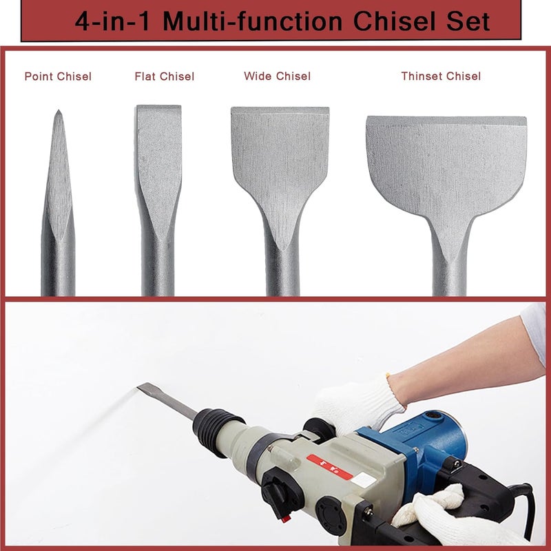 Regiis Tech 4 pcs SDS Plus Chisel Set, Masonry Concrete Drill Bit Set, Tile Removal Chisel Bits for Rotary Hammer with Point Flat Wide Tile Inclined Grooving Scraping Scaling Chisels - Image 4